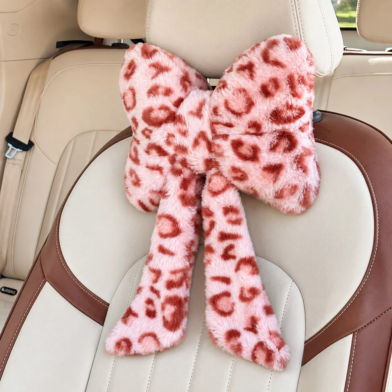 2 Pcs Car Neck Pillow Plush Bow Headrest Pillow Pink Leopard Seat Neck Support Accessories For Driving Travel