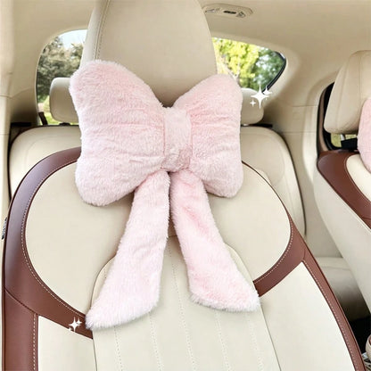 2 Pcs Car Neck Pillow Plush Bow Headrest Pillow Pink Leopard Seat Neck Support Accessories For Driving Travel