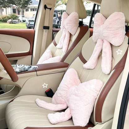 2 Pcs Car Neck Pillow Plush Bow Headrest Pillow Pink Leopard Seat Neck Support Accessories For Driving Travel