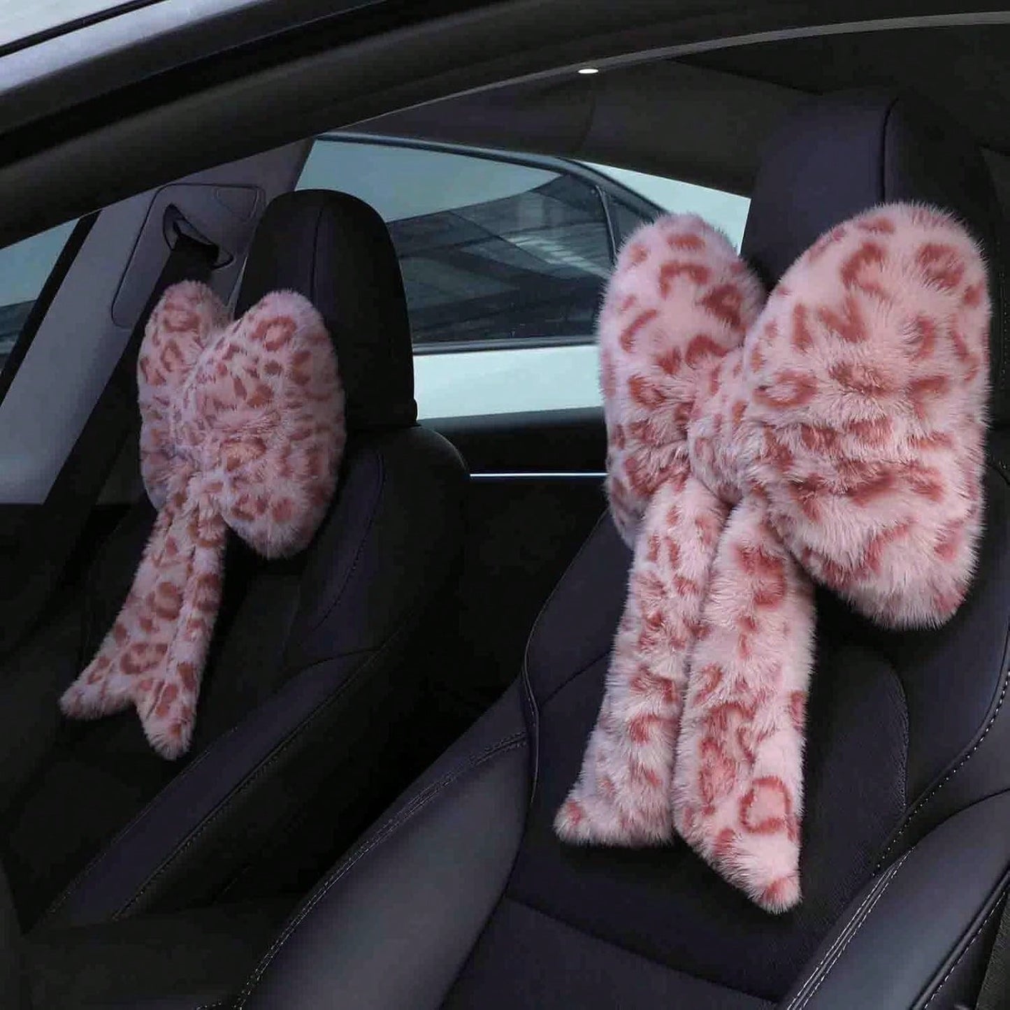 2 Pcs Car Neck Pillow Plush Bow Headrest Pillow Pink Leopard Seat Neck Support Accessories For Driving Travel