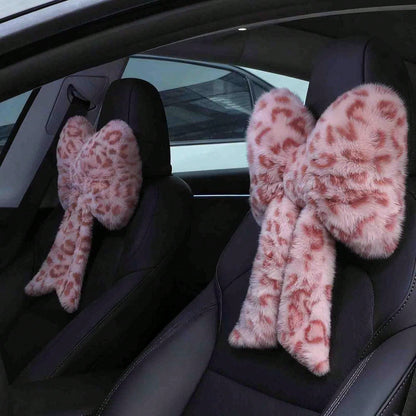 2 Pcs Car Neck Pillow Plush Bow Headrest Pillow Pink Leopard Seat Neck Support Accessories For Driving Travel