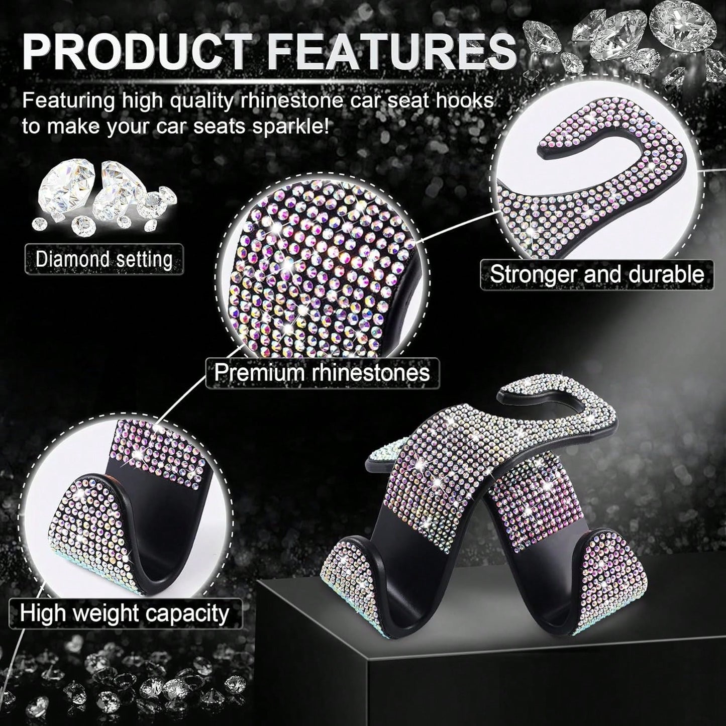 2 Pcs Car Seat Hooks Bling Crystal Headrest Hanger Hook, Auto Back Seat Hangers Rear Hook For Purse Handbag Clothes Grocery Bag Red