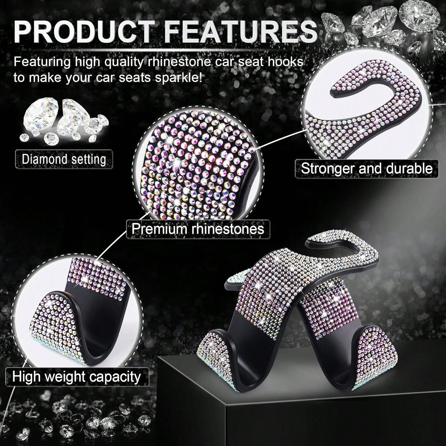 2 Pcs Car Seat Hooks Bling Crystal Headrest Hanger Hook, Auto Back Seat Hangers Rear Hook For Purse Handbag Clothes Grocery Bag Red