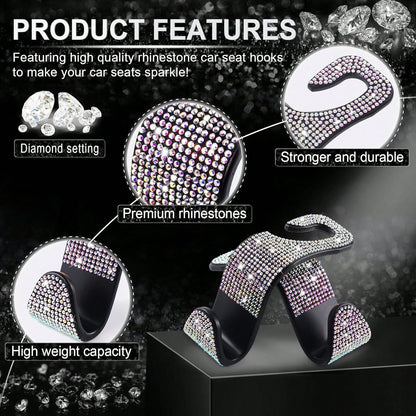 2 Pcs Car Seat Hooks Bling Crystal Headrest Hanger Hook, Auto Back Seat Hangers Rear Hook For Purse Handbag Clothes Grocery Bag Red