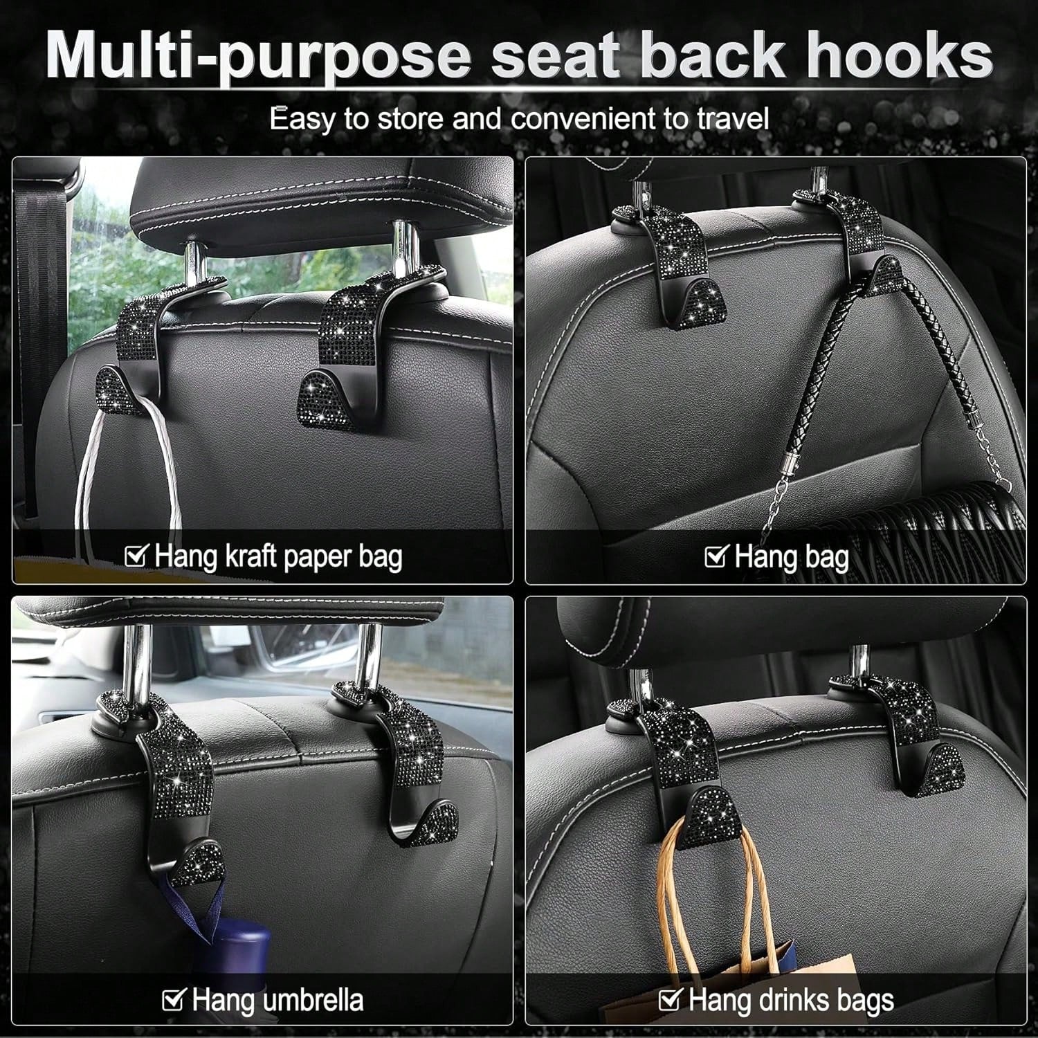 2 Pcs Car Seat Hooks Bling Crystal Headrest Hanger Hook, Auto Back Seat Hangers Rear Hook For Purse Handbag Clothes Grocery Bag Red