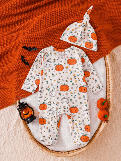 2 Pieces Newborn Knit Comfortable Soft Footed Romper With Cute Pumpkin All-Over Print, Fall Halloween Home Wear, Versatile Fashion, Best Choice