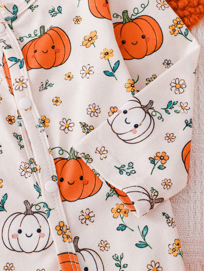 2 Pieces Newborn Knit Comfortable Soft Footed Romper With Cute Pumpkin All-Over Print, Fall Halloween Home Wear, Versatile Fashion, Best Choice