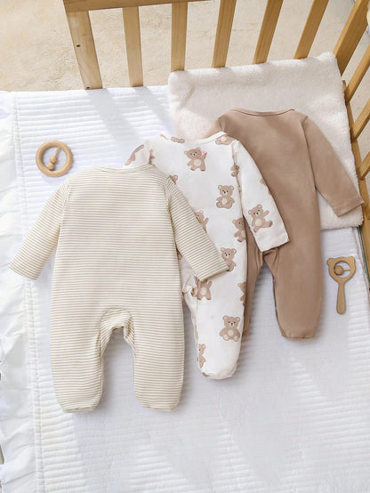 2 Pieces Newborn Knit Comfortable Soft Footed Romper With Cute Pumpkin All-Over Print, Fall Halloween Home Wear, Versatile Fashion, Best Choice