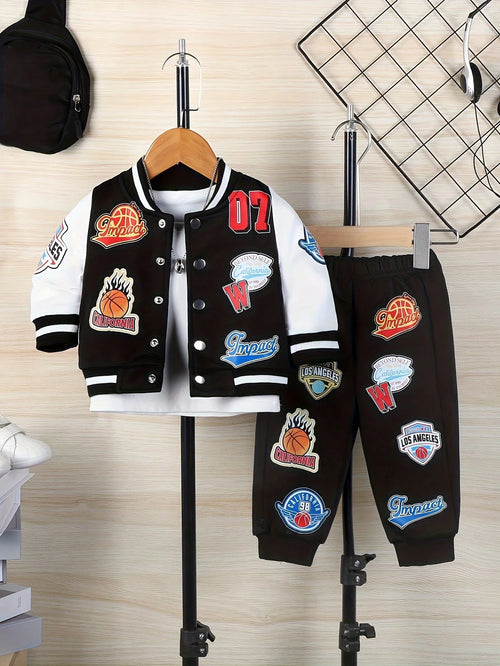2 Pieces Of Baby Boy Hip-Hop Sports Style Basketball Digital Printed Baseball Suit Set, Jacket, Pants Set, Spring And Autumn Season