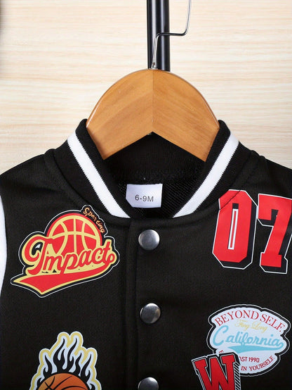 2 Pieces Of Baby Boy Hip-Hop Sports Style Basketball Digital Printed Baseball Suit Set, Jacket, Pants Set, Spring And Autumn Season
