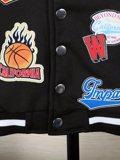 2 Pieces Of Baby Boy Hip-Hop Sports Style Basketball Digital Printed Baseball Suit Set, Jacket, Pants Set, Spring And Autumn Season