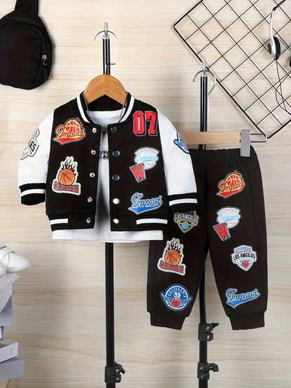 2 Pieces Of Baby Boy Hip-Hop Sports Style Basketball Digital Printed Baseball Suit Set, Jacket, Pants Set, Spring And Autumn Season