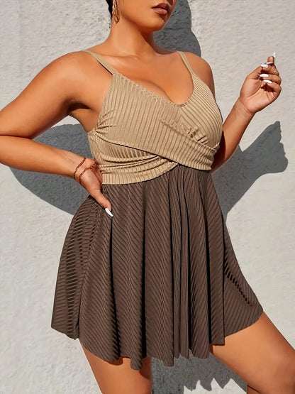 2 Pieces Plus Size Women Skirt Swimwear, No Padded, Elegant Pleated Bottom, Adjustable Straps, Contrast Color Design, Swimwear