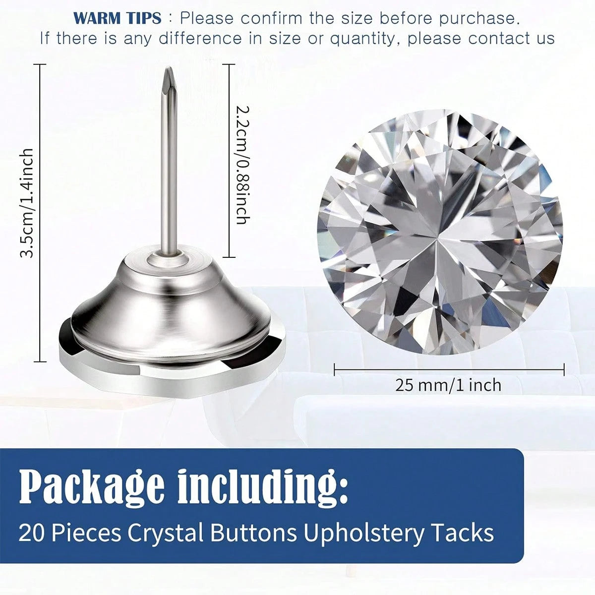 20 PCS Crystal Upholstery Buttons Crystal Upholstery Tacks Clear Crystal Head Upholstery Nails Imitate Diamond Buttons For Sewing DIY Sofa And Wall Decor