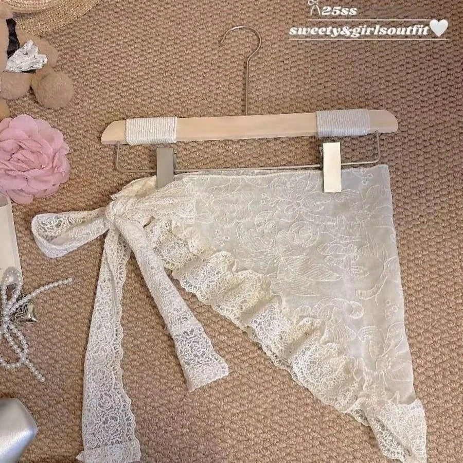 2025 Lace And Lace Half Skirt Paired With Jeans, Women's Summer Headscarf, Sweet And Stylish, Layered Skirt Curtain, Fart Curtain, Triangular Scarf
