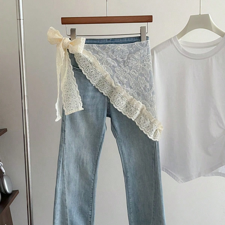 2025 Lace And Lace Half Skirt Paired With Jeans, Women's Summer Headscarf, Sweet And Stylish, Layered Skirt Curtain, Fart Curtain, Triangular Scarf