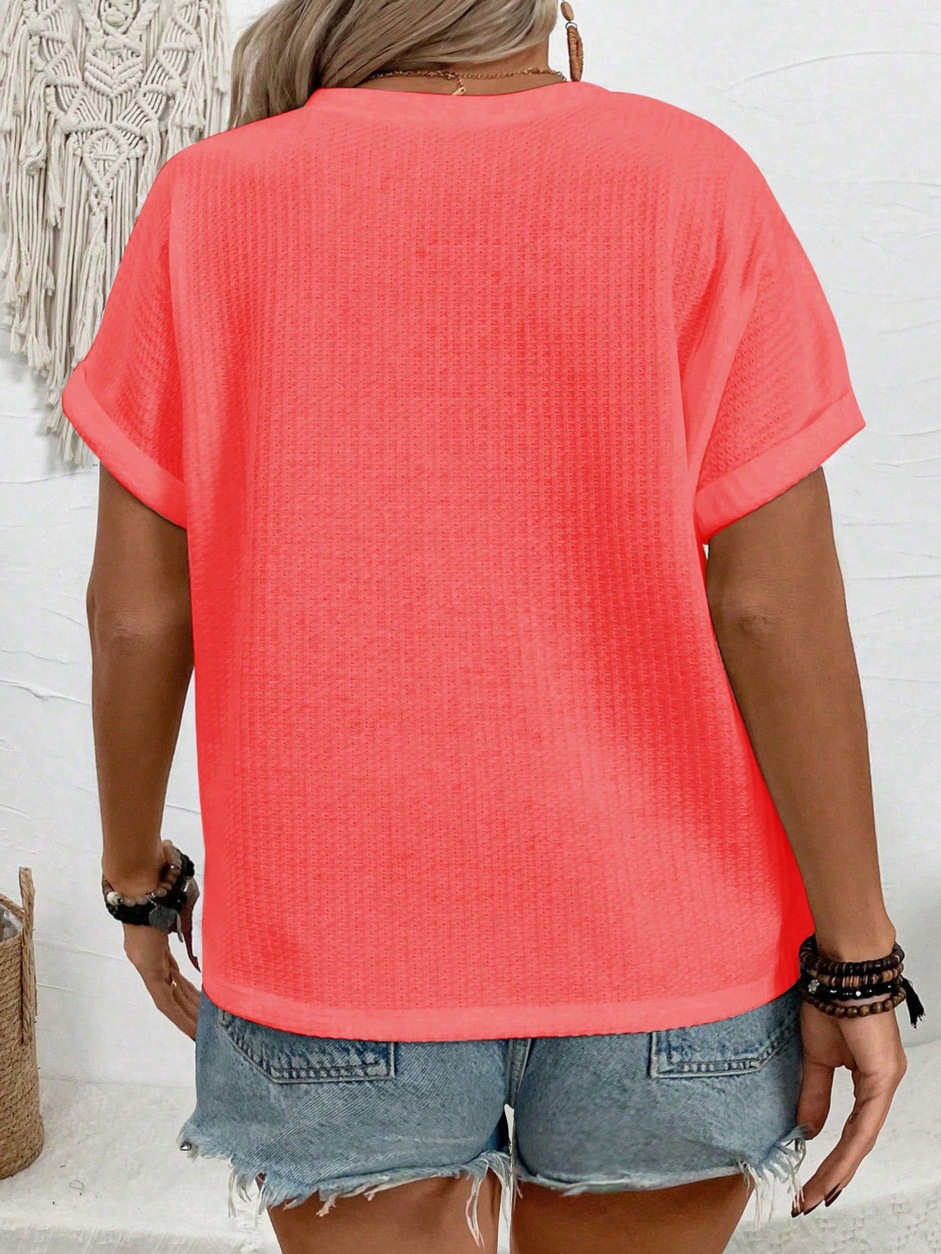 2025 New Arrival Plus Size Women Casual V-Neck Button Shoulder Short Sleeve T-Shirt, Sea Salt Blue-Green