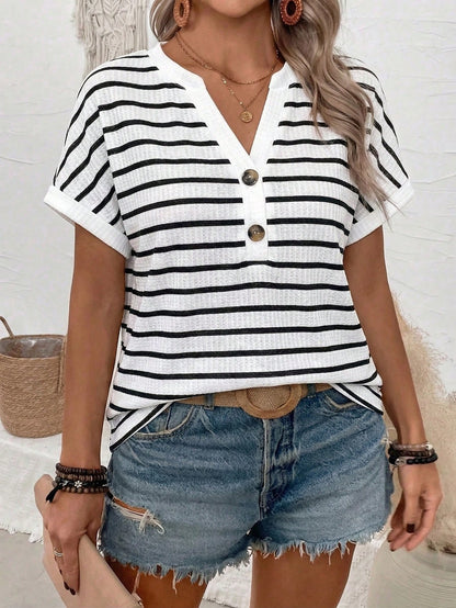 2025 New Arrival Plus Size Women Casual V-Neck Button Shoulder Short Sleeve T-Shirt, Sea Salt Blue-Green