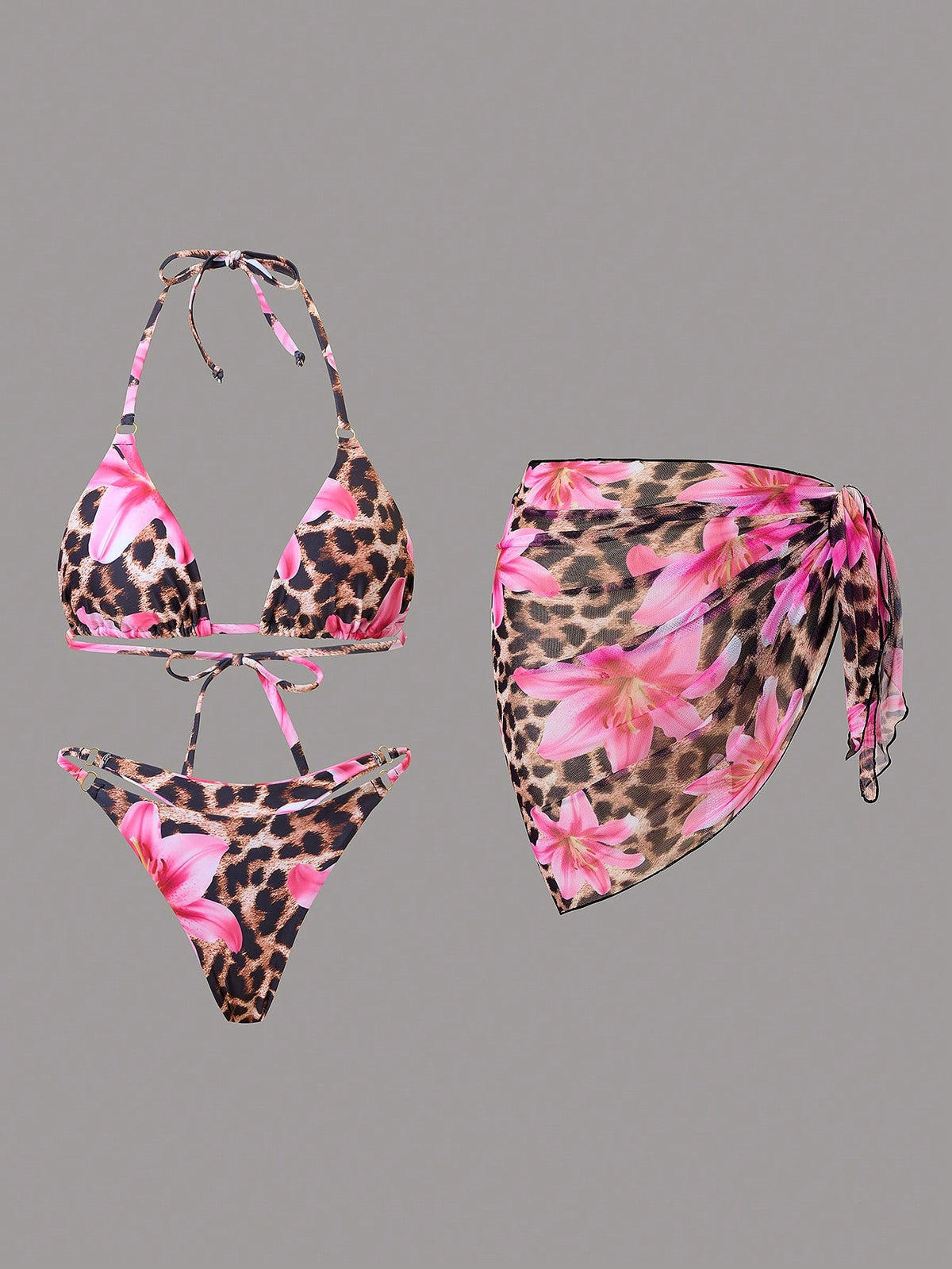 2025 Summer 3Pcs Beach Bikini Set- Sexy Triangle Cross Bandage Bra, Printed Beach Wrap Skirt, Thong Bottoms, Beachwear