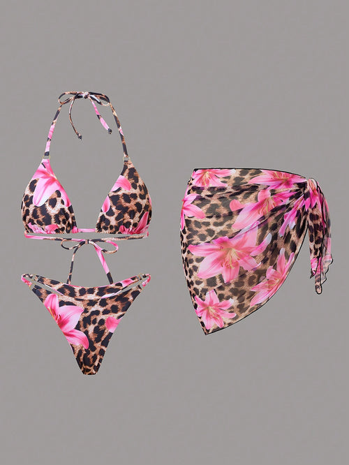 2025 Summer 3Pcs Beach Bikini Set- Sexy Triangle Cross Bandage Bra, Printed Beach Wrap Skirt, Thong Bottoms, Beachwear