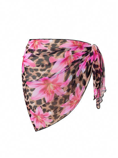 2025 Summer 3Pcs Beach Bikini Set- Sexy Triangle Cross Bandage Bra, Printed Beach Wrap Skirt, Thong Bottoms, Beachwear