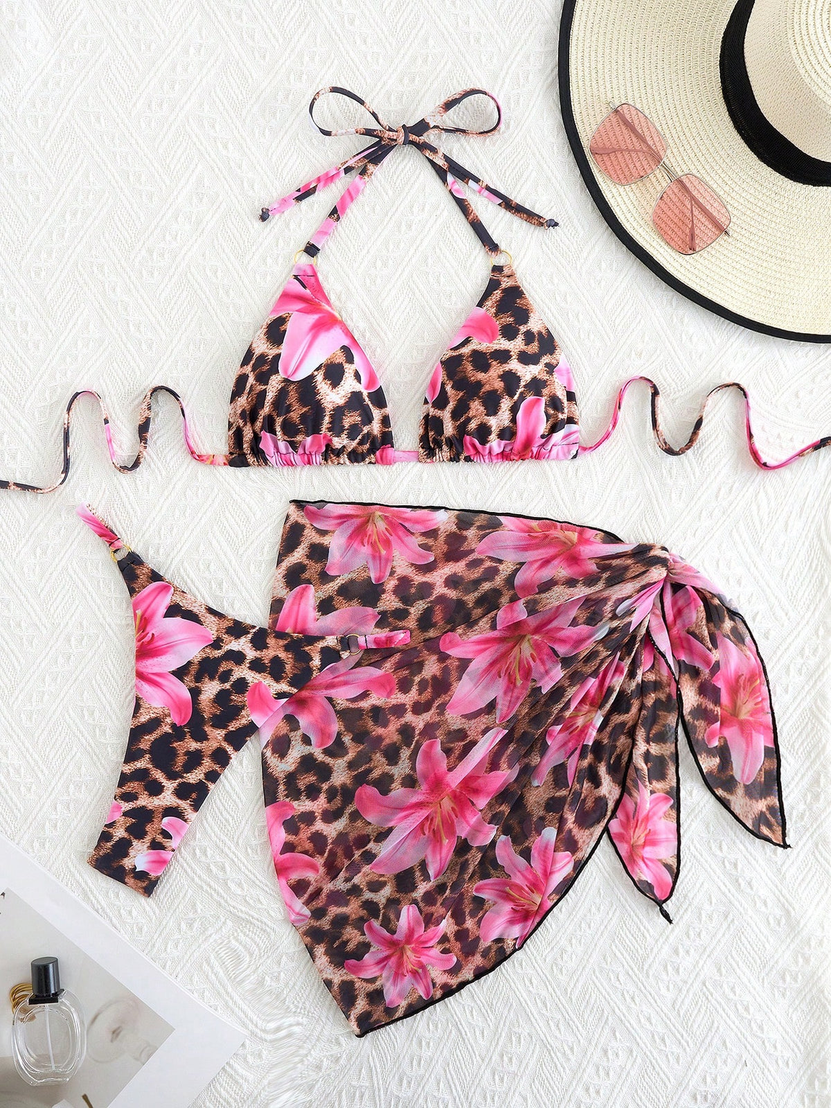 2025 Summer 3Pcs Beach Bikini Set- Sexy Triangle Cross Bandage Bra, Printed Beach Wrap Skirt, Thong Bottoms, Beachwear
