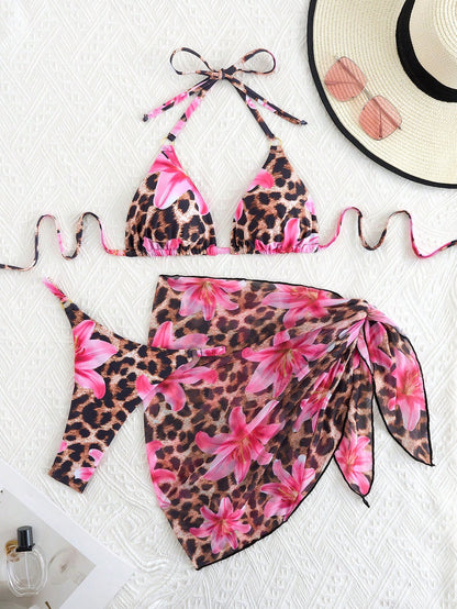 2025 Summer 3Pcs Beach Bikini Set- Sexy Triangle Cross Bandage Bra, Printed Beach Wrap Skirt, Thong Bottoms, Beachwear