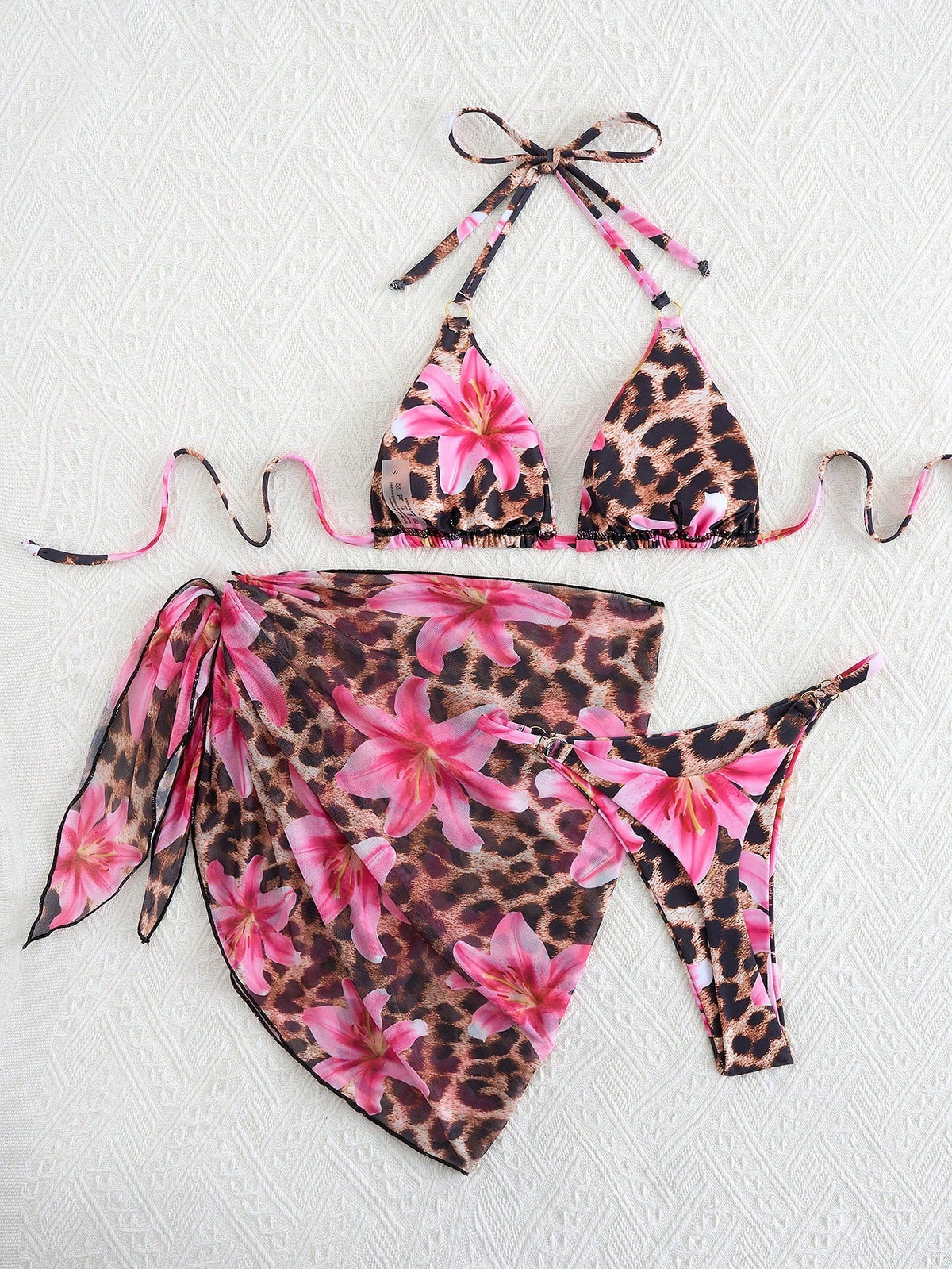2025 Summer 3Pcs Beach Bikini Set- Sexy Triangle Cross Bandage Bra, Printed Beach Wrap Skirt, Thong Bottoms, Beachwear