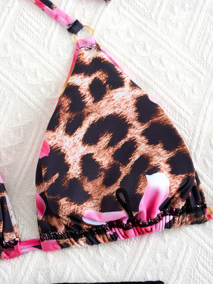 2025 Summer 3Pcs Beach Bikini Set- Sexy Triangle Cross Bandage Bra, Printed Beach Wrap Skirt, Thong Bottoms, Beachwear