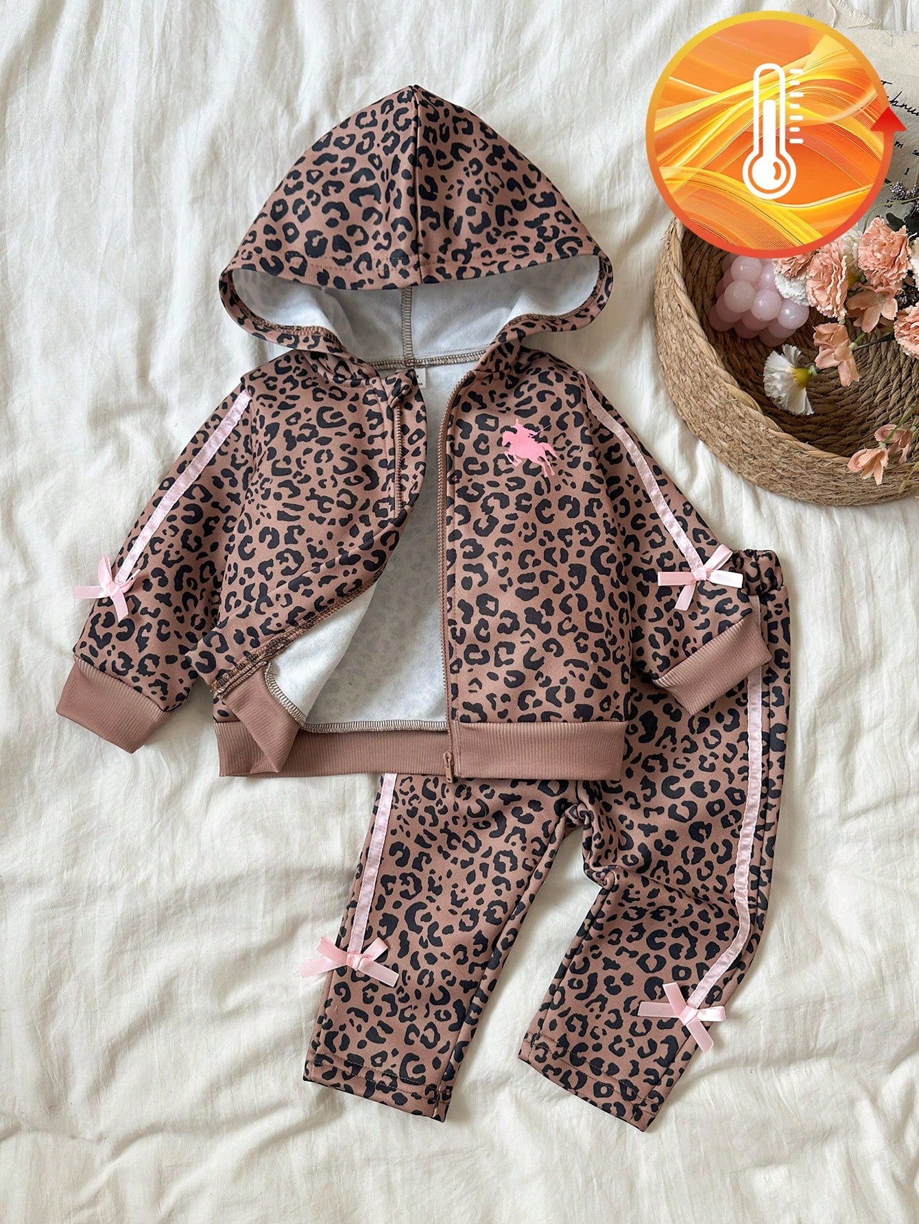 2026 Autumn/Winter Girls' Coffee Leopard Print Hooded Thermal-Lined 2-Piece Set, Pink Pony Digital Print Bow Zipper Jacket And Pants Outfit, Vintage Sweet Cool Thickened Casual Kids Wear For Sma
