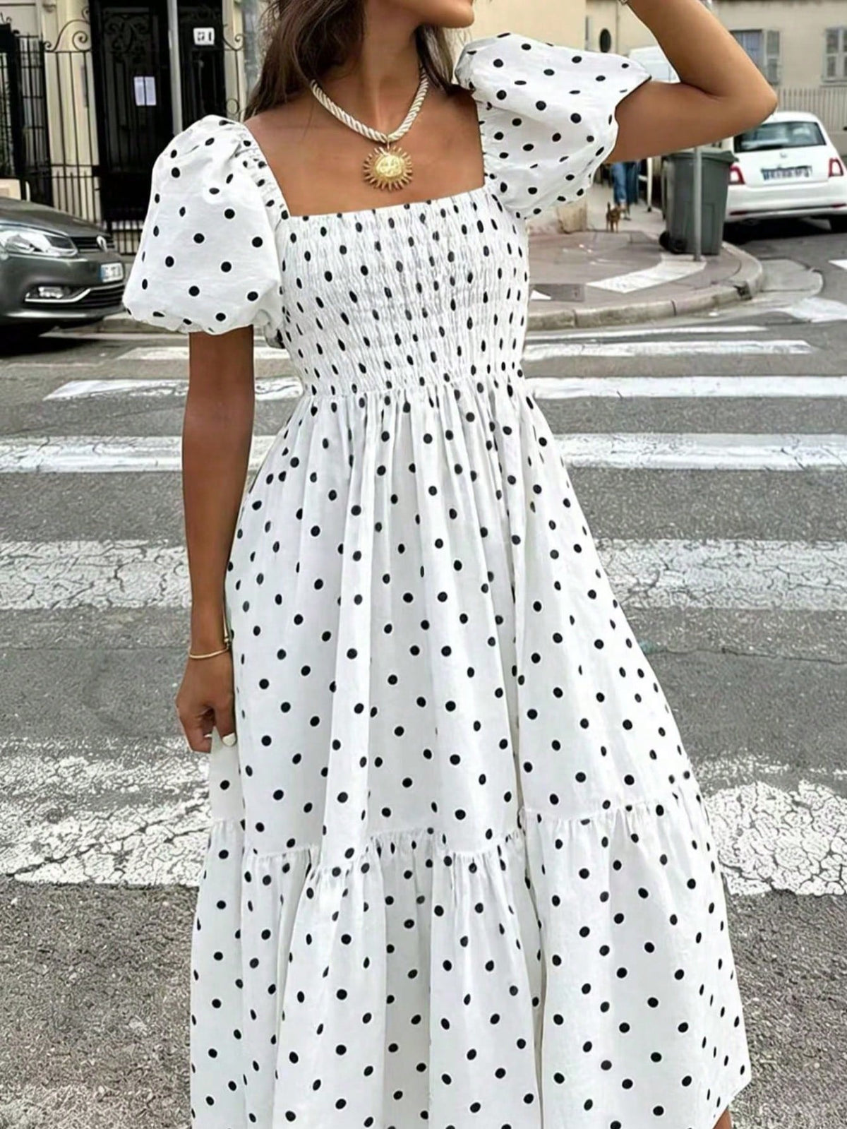 2026 Autumn Women's Plaid Elegant Bohemian Casual Elegant Outing Date Holiday Square Neck Puff Sleeve Ruffle Pleated Hem Dress, Women's Dress, Summer