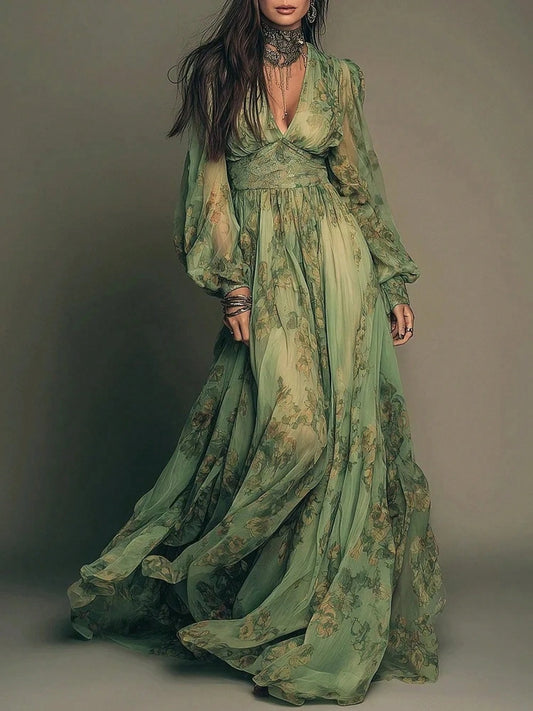 2026 European And American Best-Selling Country Style Bohemian Print V-Neck Long Sleeve Dress
