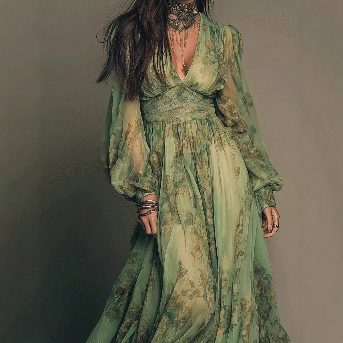 2026 European And American Best-Selling Country Style Bohemian Print V-Neck Long Sleeve Dress