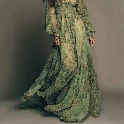 2026 European And American Best-Selling Country Style Bohemian Print V-Neck Long Sleeve Dress