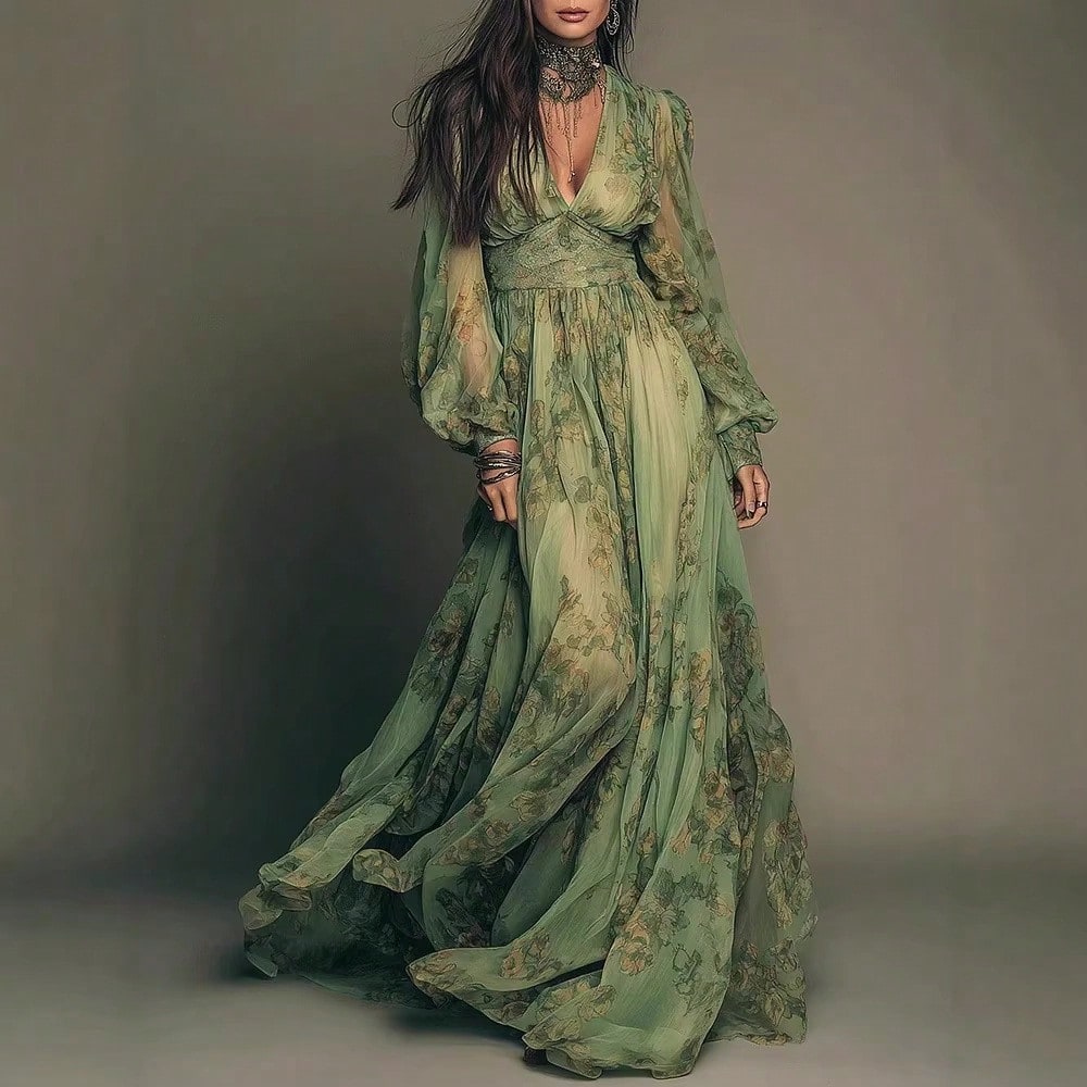 2026 European And American Best-Selling Country Style Bohemian Print V-Neck Long Sleeve Dress