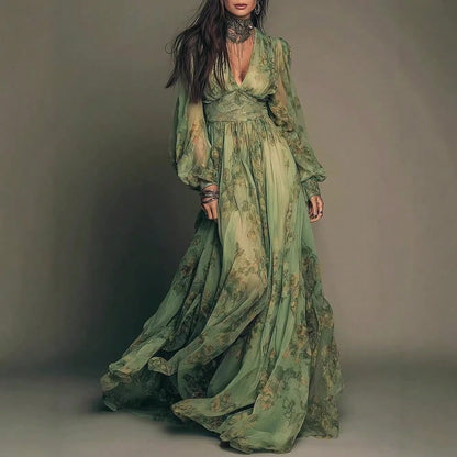 2026 European And American Best-Selling Country Style Bohemian Print V-Neck Long Sleeve Dress