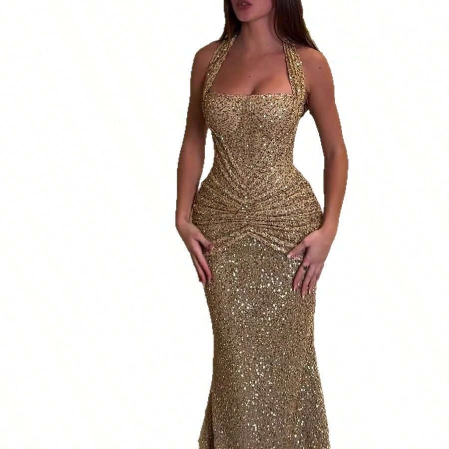 2026 European And American Spring/Summer New Sequin Halter Neck Fashion Dress INS Vacation Party Casual Dress