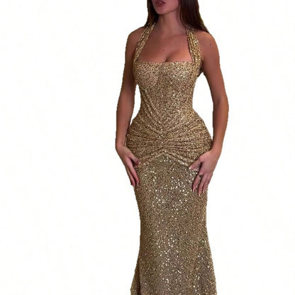 2026 European And American Spring/Summer New Sequin Halter Neck Fashion Dress INS Vacation Party Casual Dress