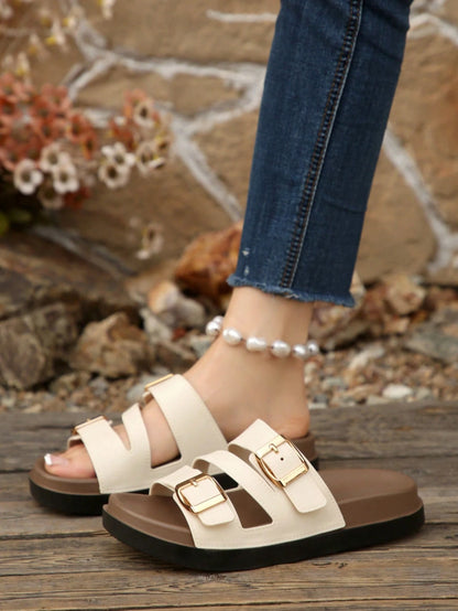 2026 Hot Selling Women's Black & White Double Buckle Thick Sole Slippers, Minimalist Eye-Catching Casual Non-Slip Daily Commute Shopping Summer Shoes, Suitable For Mother's Day Gift For Mom,Beach Shoe