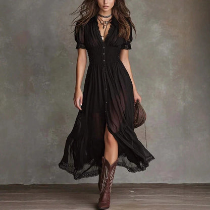 2026 New Arrival Women Black Waist Cinched Ruffle Hem Slit Long Maxi Dress Dark Academia Gothic Style Midi Dress