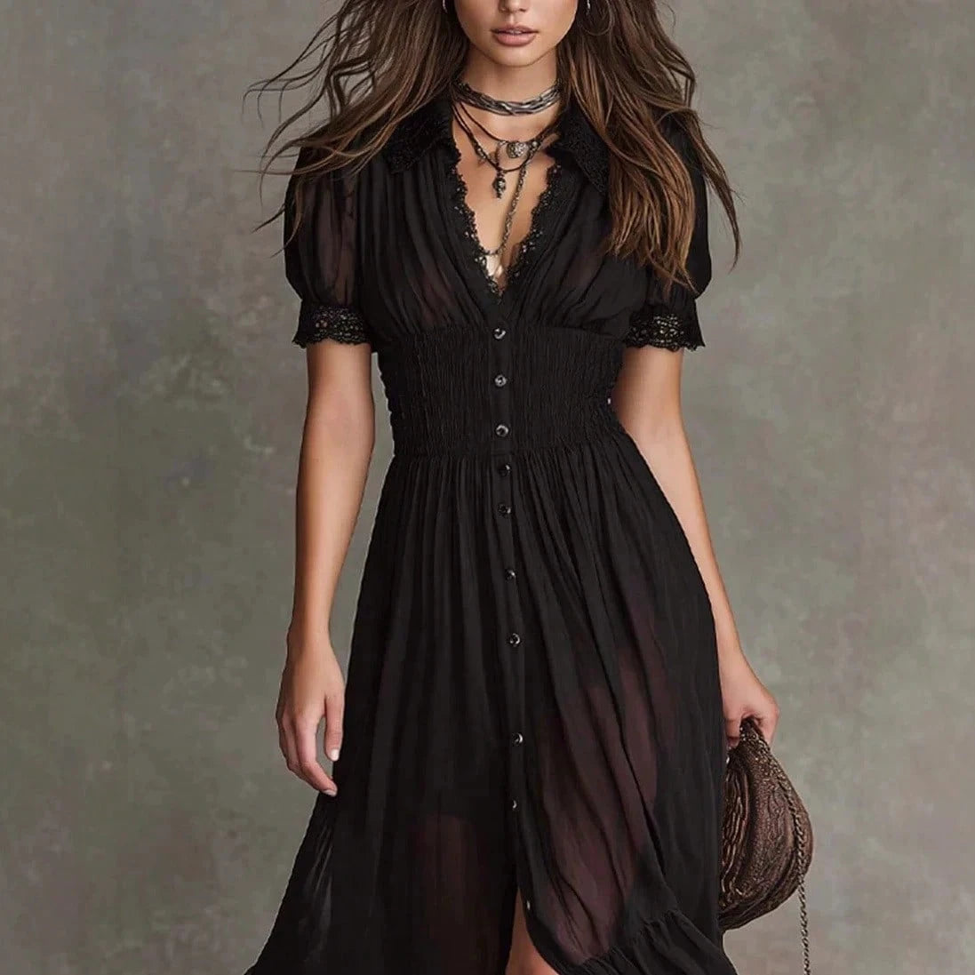 2026 New Arrival Women Black Waist Cinched Ruffle Hem Slit Long Maxi Dress Dark Academia Gothic Style Midi Dress