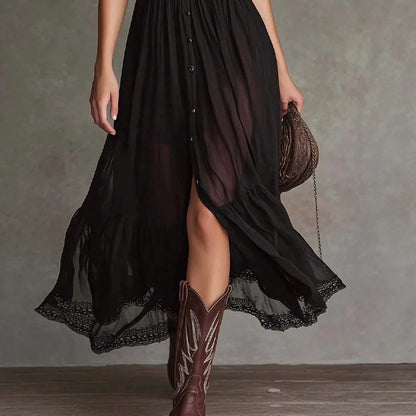 2026 New Arrival Women Black Waist Cinched Ruffle Hem Slit Long Maxi Dress Dark Academia Gothic Style Midi Dress
