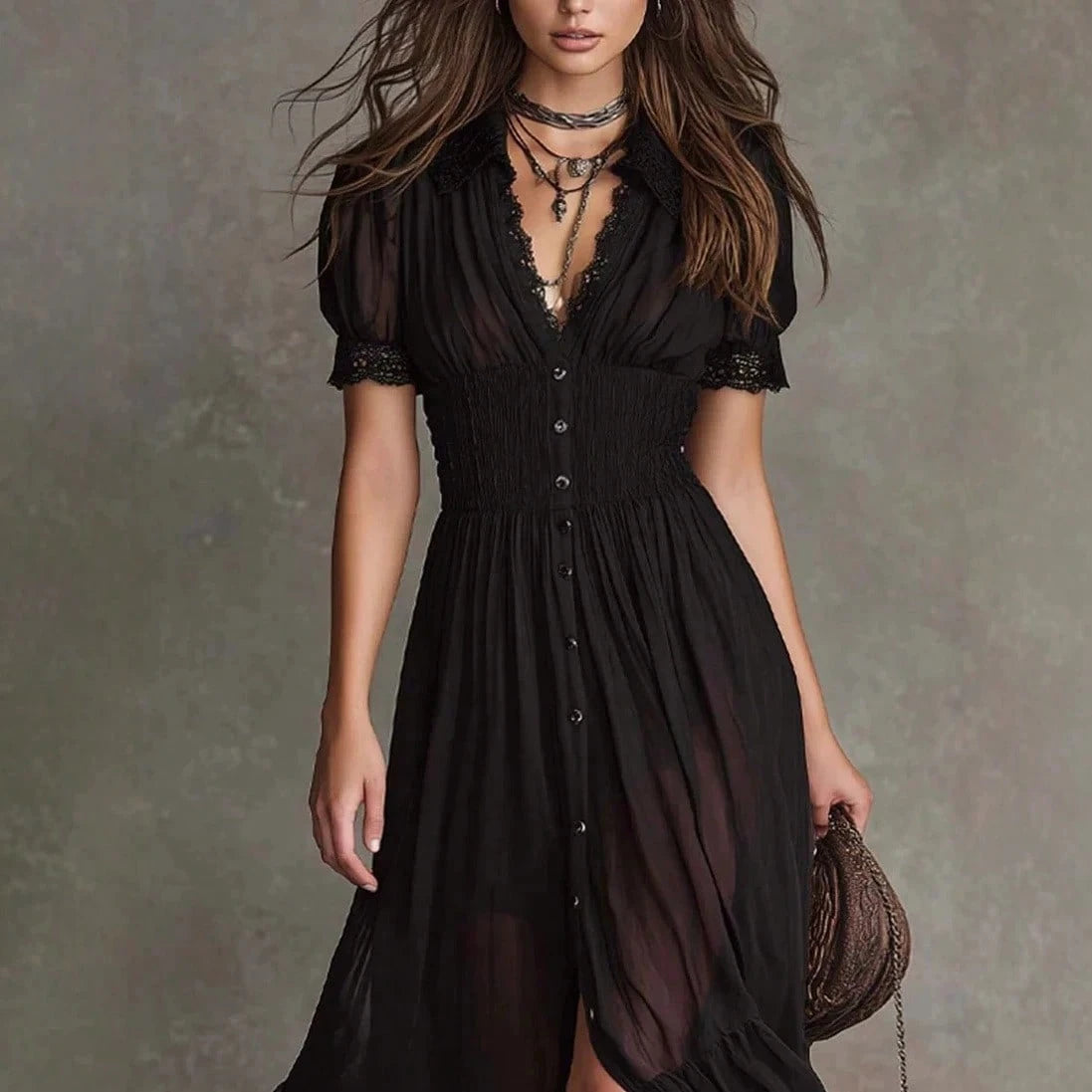2026 New Arrival Women Black Waist Cinched Ruffle Hem Slit Long Maxi Dress Dark Academia Gothic Style Midi Dress