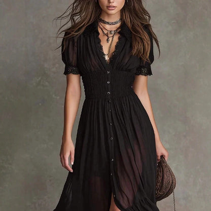 2026 New Arrival Women Black Waist Cinched Ruffle Hem Slit Long Maxi Dress Dark Academia Gothic Style Midi Dress