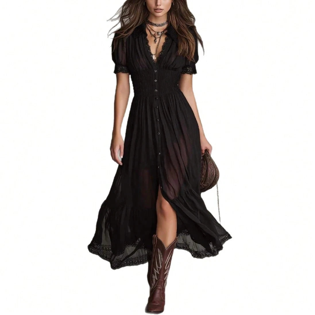 2026 New Arrival Women Black Waist Cinched Ruffle Hem Slit Long Maxi Dress Dark Academia Gothic Style Midi Dress
