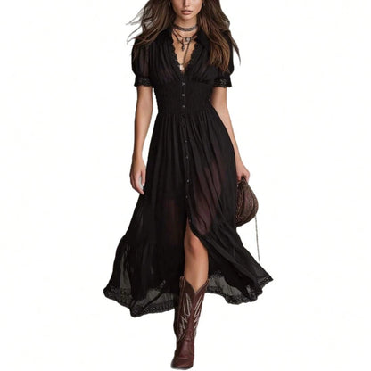 2026 New Arrival Women Black Waist Cinched Ruffle Hem Slit Long Maxi Dress Dark Academia Gothic Style Midi Dress