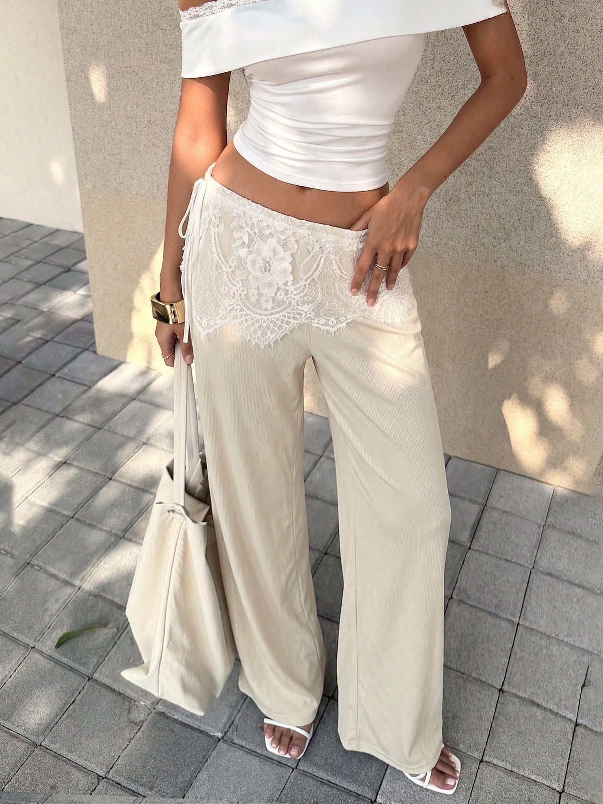 2026 New Fashion Casual Lace Ribbed Elastic Straight Leg Pants, Suitable For Daily Wear, School, Beach, Vacation And Home Summer, Effortless Style