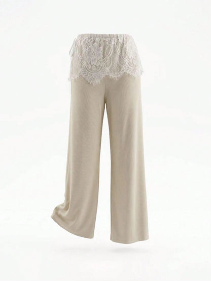 2026 New Fashion Casual Lace Ribbed Elastic Straight Leg Pants, Suitable For Daily Wear, School, Beach, Vacation And Home Summer, Effortless Style
