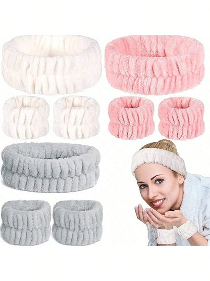 2026 New Flannel Face Wash Headband & Wristband Set, Waterproof Splash-Proof Moisture-Resistant Cuff, Absorbent Quick-Dry Wrist Guard, Washing/Yoga/Beauty Scene Suitable, Individual Pack 5 Colors Avai