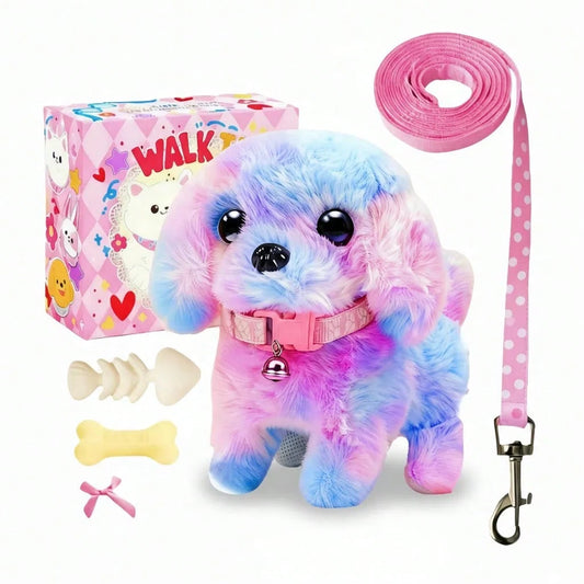 2026 New Rainbow Plush Electronic Walking Puppy Toy| Interactive Barking & Tail-Wagging Robot Dog| Comes With Leash, Bone, Fishbone & Bow Accessories| Deluxe Gift Box For Easter, Christmas & Birthd
